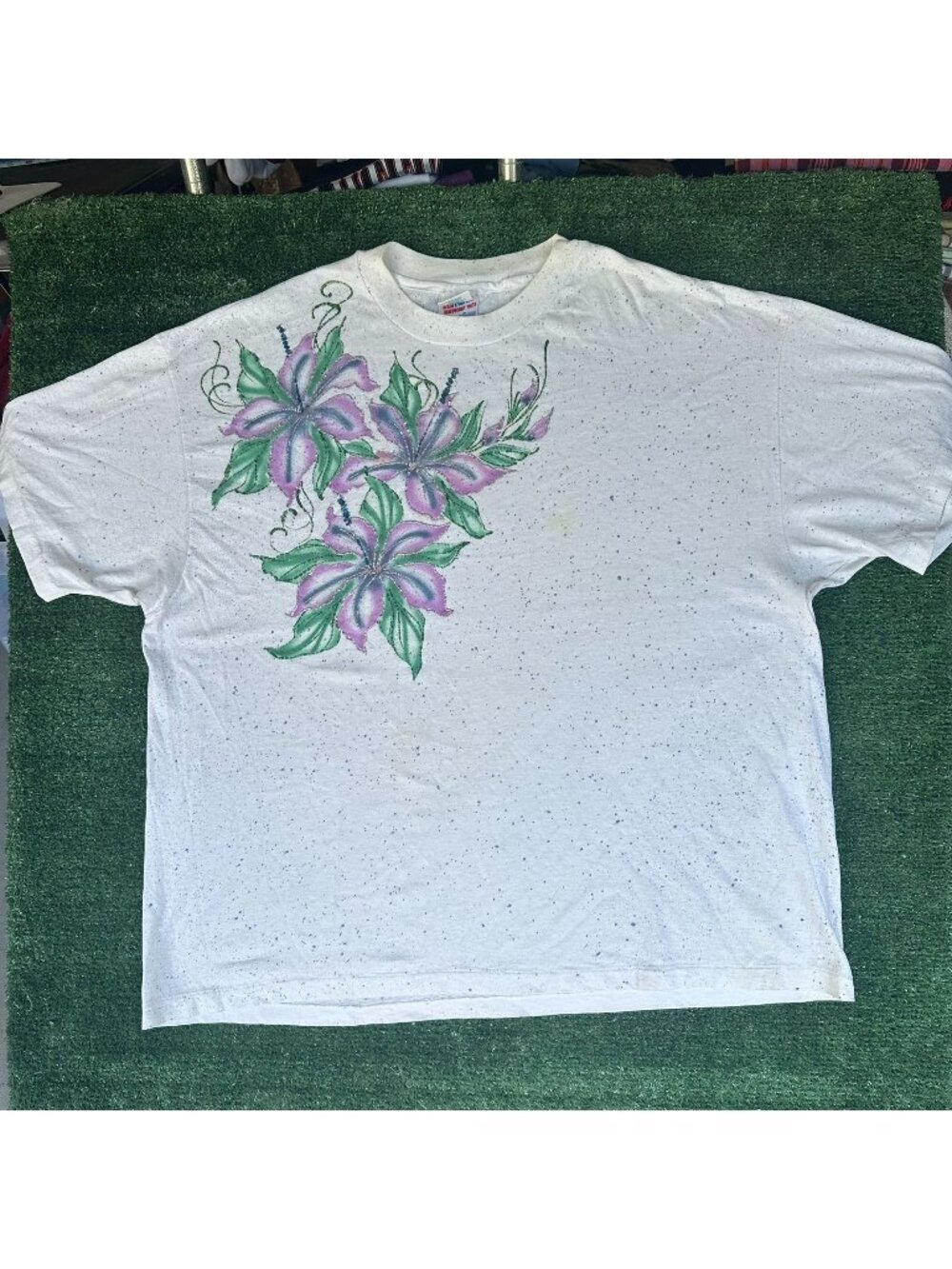 Vintage 90s Floral T-Shirt Speckled White XXL Single Stitch Grandma Cottagecore